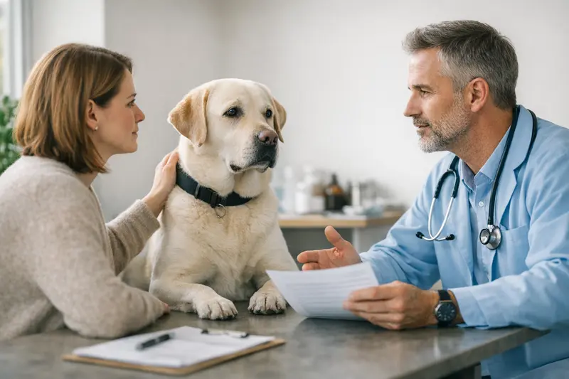 Vorerkrankungen bei Hundekrankenversicherungen Ein Hundebesitzer erklärt die Behandlung von Vorerkrankungen beim Tierarzt.