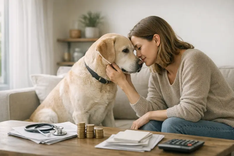 Ein Hund beim Tierarzt, der die Kosten und den Erstattungsprozentsatz einer Versicherung bespricht.