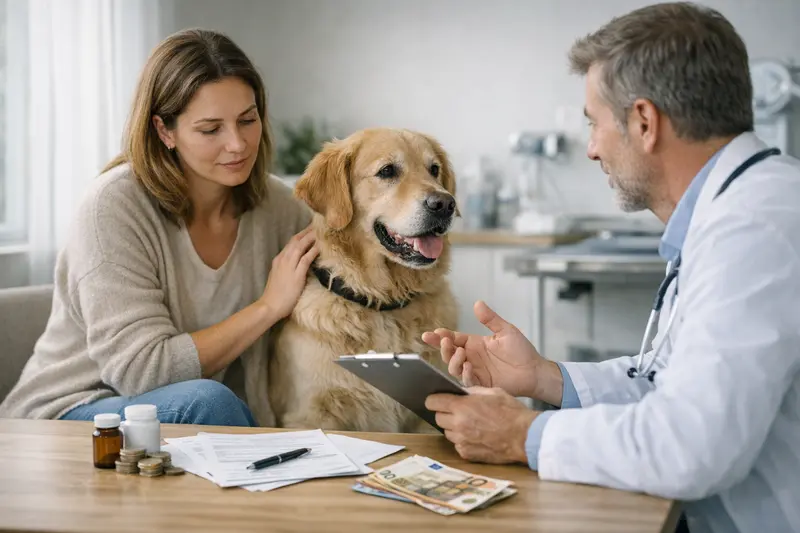 Hund beim Tierarzt, um eine Behandlungskostenabrechnung zu erhalten.