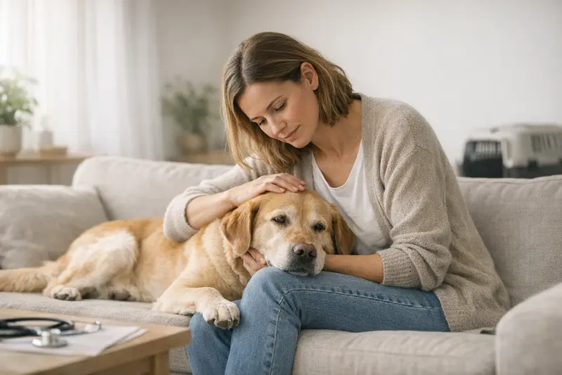 Hund beim Tierarzt mit freundlichem Personal Ein glücklicher Hund beim Tierarzt, umgeben von einem freundlichen Team.