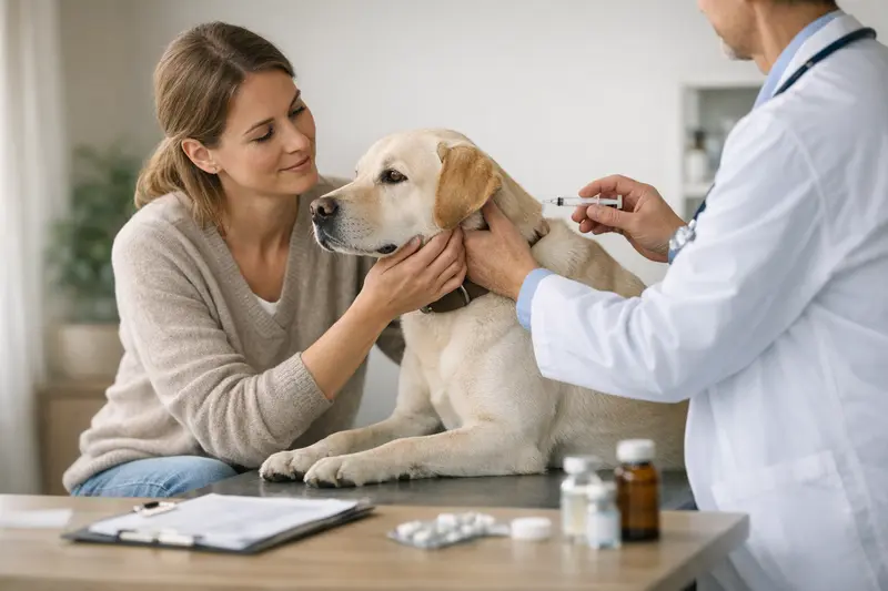 Vorsorgeleistungen in der Hundekrankenversicherung Hunde beim Tierarzt für Impfungen und Routinechecks zur Gesundheitsvorsorge.