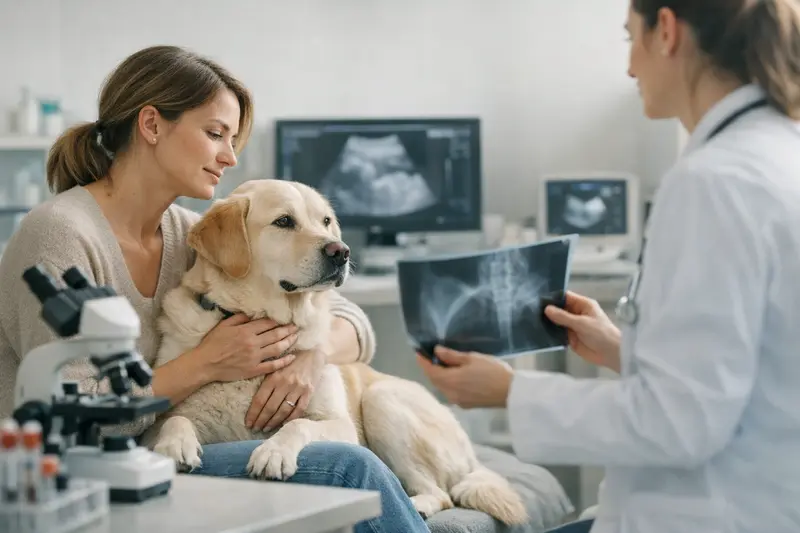 Tierarztuntersuchung Hund Tierarzt bei der Durchführung einer Ultraschalluntersuchung an einem Hund.