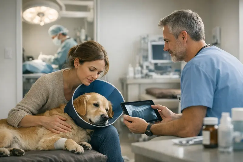 Ein Hund wird beim Tierarzt untersucht, um die Unterschiede zwischen OP-Schutz und Hundekrankenversicherung zu verdeutlichen.