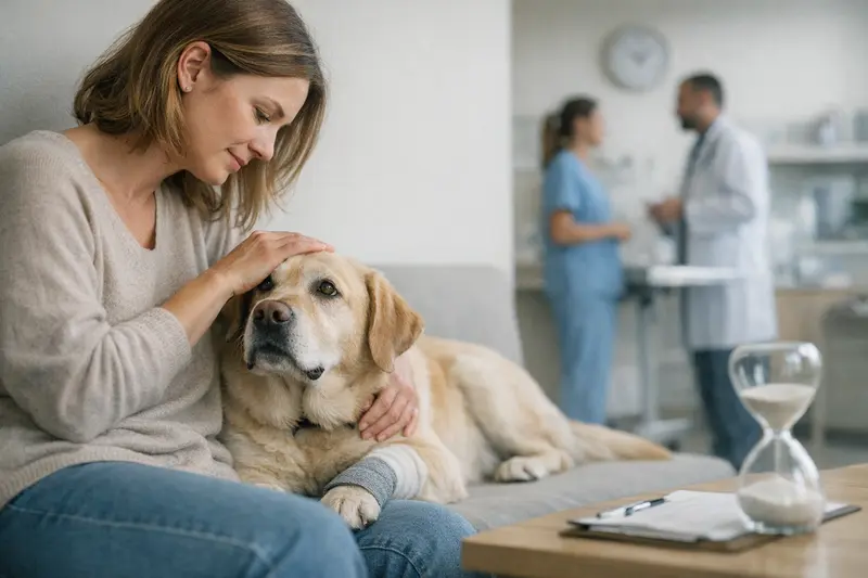 Wartezeiten in der Hundekrankenversicherung Ein Hundebesitzer bespricht mit einem Tierarzt die Wartezeiten der Hundekrankenversicherung.