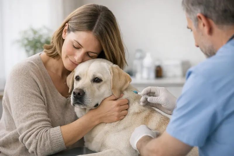 Glücklicher Hund beim Tierarzt für Impfungen, symbolisiert Hunde-Vorsorge durch eine Hundekrankenversicherung.