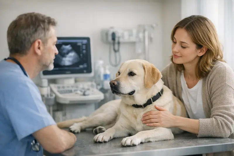 Unterschied zwischen OP-Schutz und Vollschutz für Hunde Hund beim Tierarzt mit Fokus auf medizinische Behandlung und Beratung zu OP-Schutz und Vollschutz.