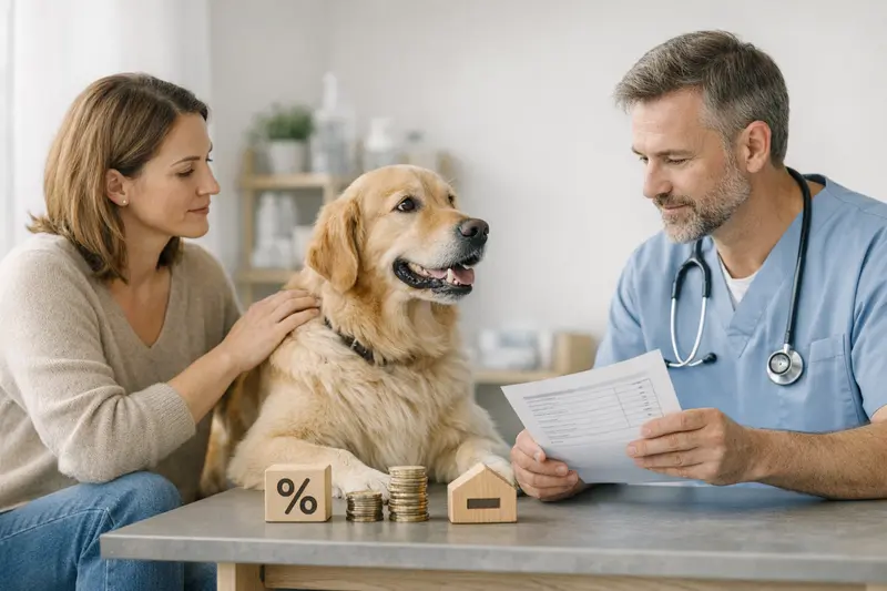 Hundekrankenversicherung: Selbstbeteiligung und Erstattungssatz Illustration von Hund und Tierarzt mit Fokus auf Selbstbeteiligung und Erstattungssatz in der Hundekrankenversicherung.