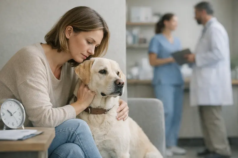 Tierarztuntersuchung für Hunde Eine Tierärztin führt eine Untersuchung an einem Hund durch, um mögliche Symptome zu erkennen.