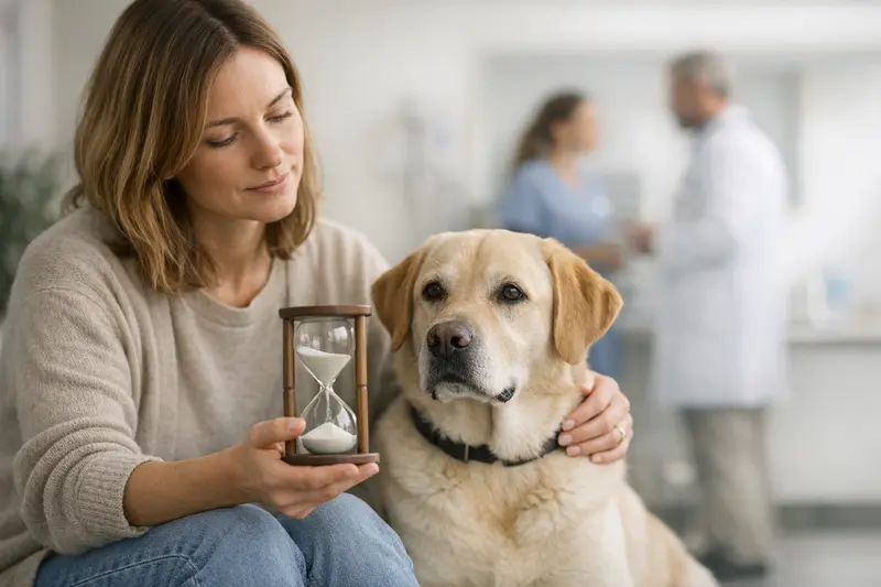 Hund beim Tierarzt mit einem besorgten Halter, während Informationen über Wartezeiten und Versicherungsleistungen besprochen werden.