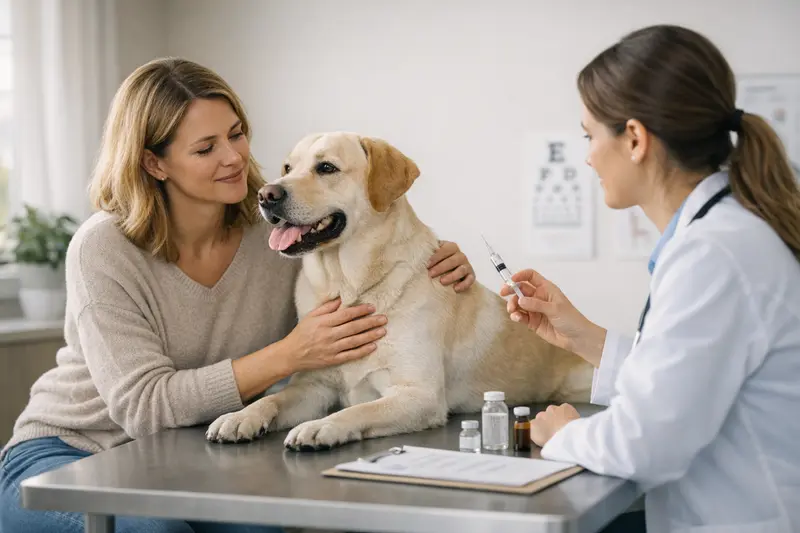 Vorsorgeuntersuchung für Hunde Tierarzt untersucht einen Hund auf Vorsorgeuntersuchung.