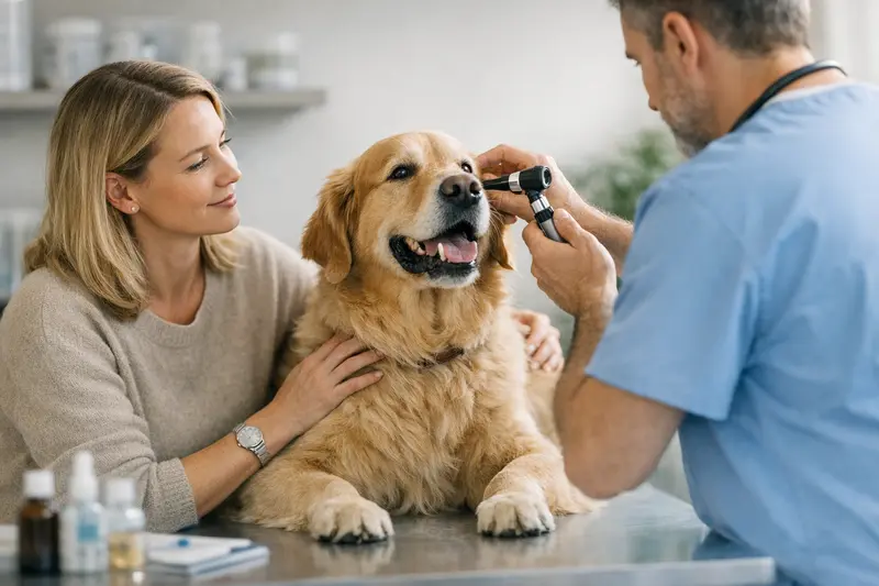 Vorsorgeuntersuchung Hund Tierarzt Ein Hund beim Tierarzt während einer Vorsorgeuntersuchung, die möglicherweise von einer Hundekrankenversicherung abgedeckt wird.