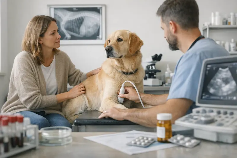 Wichtigkeit von Diagnostik bei Hundekrankenversicherung Tierarzt, der einen Hund im Rahmen einer Gesundheitsuntersuchung abchecks.