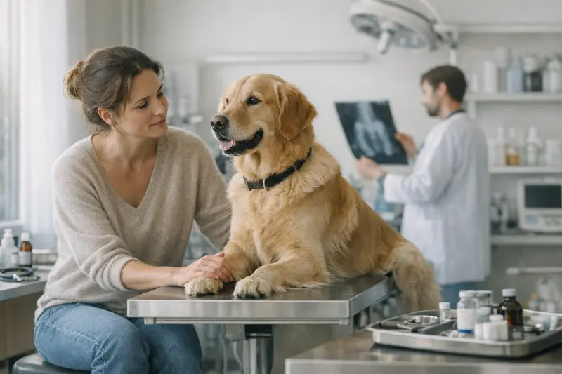 Ein Hund beim Tierarzt, der auf eine Untersuchung vorbereitet wird.
