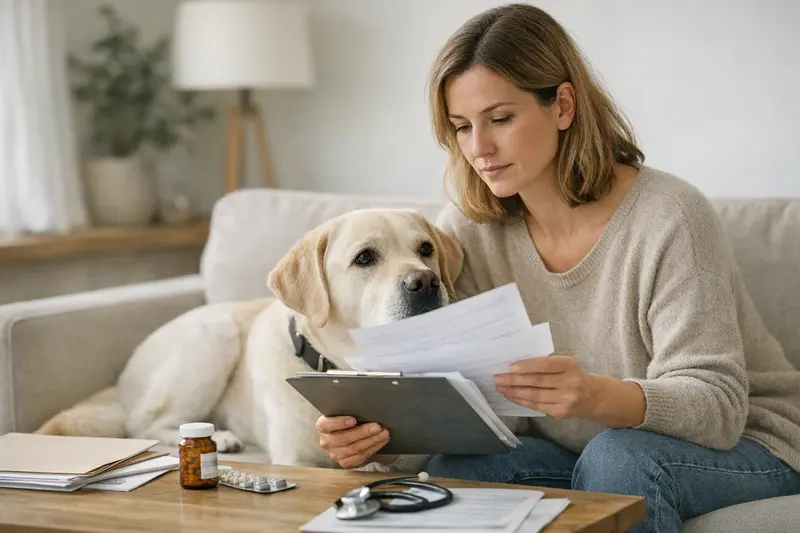 Hund beim Tierarzt - Vorerkrankungen Ein Hund bei einem Tierarzt, während eine Diskussion über Vorerkrankungen stattfindet.