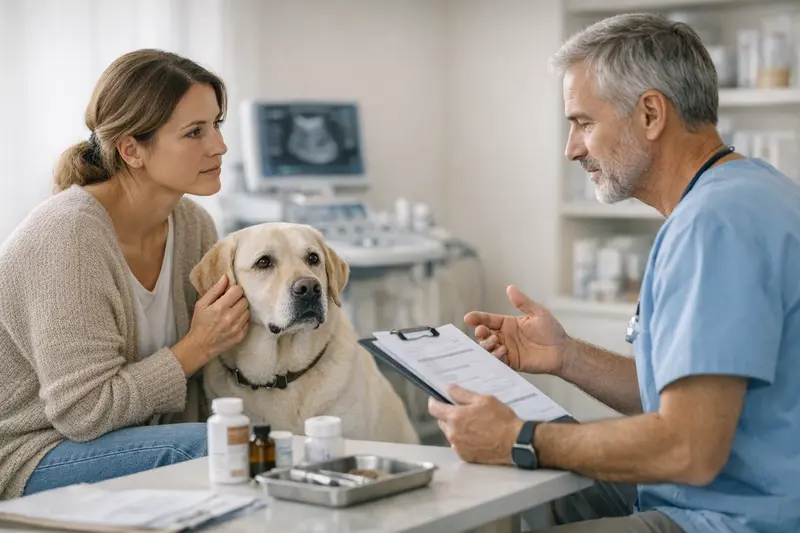 Tierarztberatung zur Hundekrankenversicherung Tierarzt bei der Untersuchung eines Hundes, um die Relevanz von Limits und Leistungsgrenzen in der Hundekrankenversicherung zu verdeutlichen.