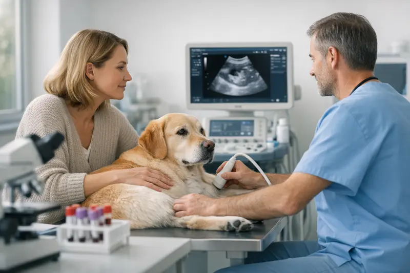 Ein Hund beim Tierarzt, während eine Blutuntersuchung durchgeführt wird.