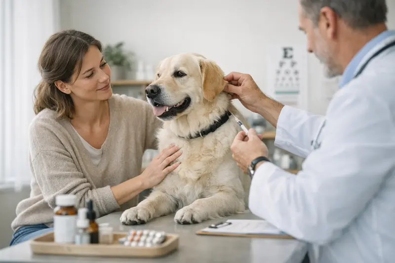 Ein glücklicher Hund beim Tierarzt, der eine Vorsorgeuntersuchung erhält.