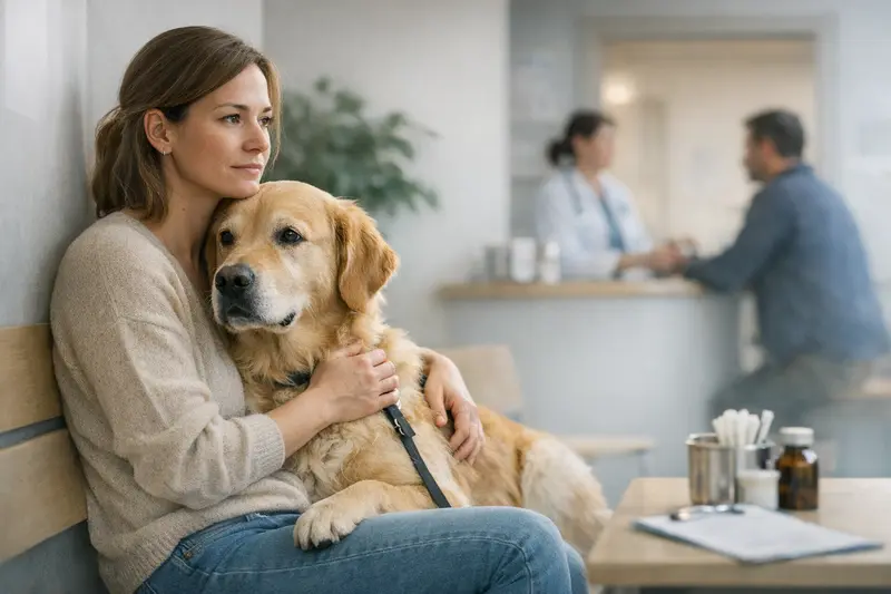 Hund beim Tierarzt zur Klärung von Wartezeiten bei Versicherungen Hund beim Tierarzt zur Untersuchung, um über Wartezeiten und Versicherungsleistungen informiert zu werden