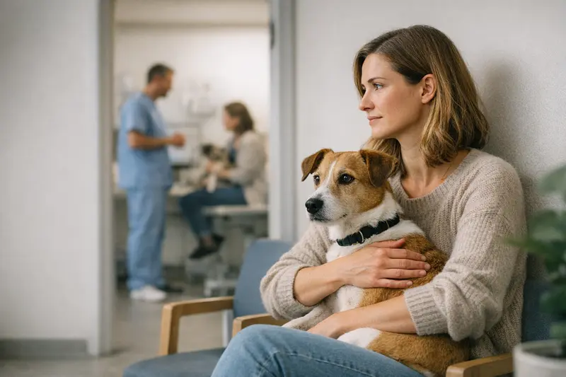 Ein Hund beim Tierarzt, der für Behandlungen untersucht wird.