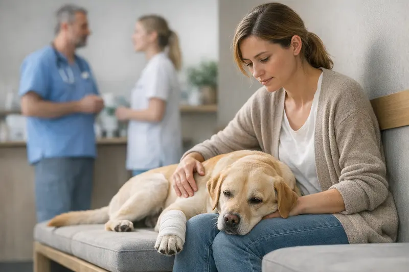 Ein glücklicher Hund beim Tierarzt, der auf eine Untersuchung wartet, um mehr über seine Krankenversicherung zu erfahren.