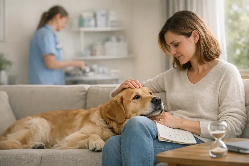 Wartezeiten bei Hundekrankenversicherung Hundehalter bespricht mit Tierarzt die Wartezeiten einer Hundekrankenversicherung.