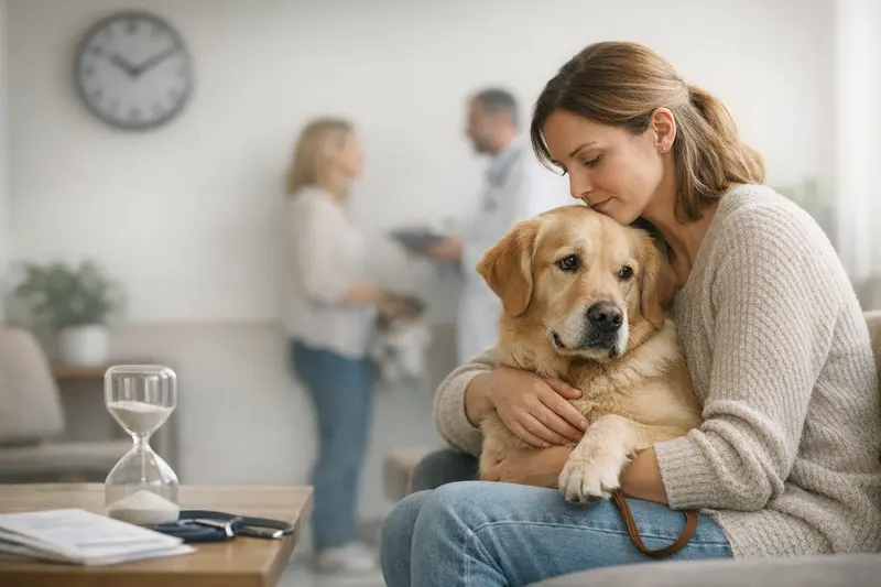 Hund beim Tierarzt Ein glücklicher Hund beim Tierarzt, umgeben von tiermedizinischen Geräten, was die Bedeutung von Hundekrankenversicherungen verdeutlicht.