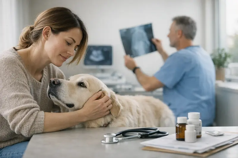Vorsorgeuntersuchung für Hunde Ein glücklicher Hund beim Tierarzt, der eine Vorsorgeuntersuchung erhält.