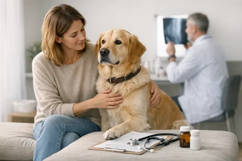 Ein Hundebesitzer bespricht mit einem Tierarzt die Vorsorgeleistungen seiner Hundekrankenversicherung.