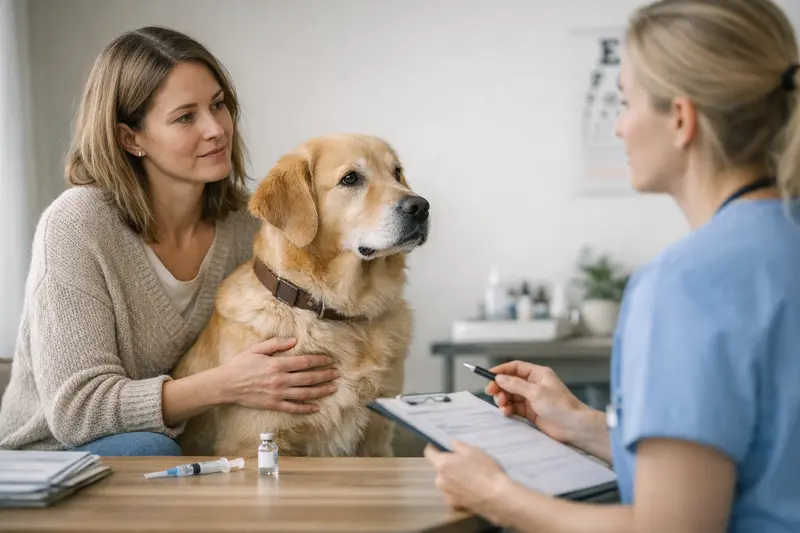 Tierarzt bei einem Hund, der einen Check-up durchführt, um Gesundheitsvorsorge zu gewährleisten.