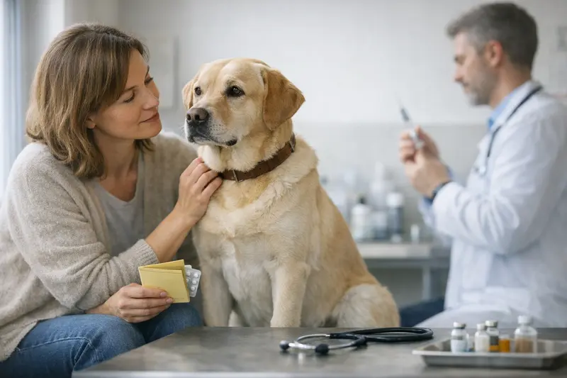 Vorsorgeleistungen bei der Hundekrankenversicherung Ein Hundebesitzer bei einem Tierarztbesuch, der über Vorsorgeleistungen wie Impfungen informiert wird.