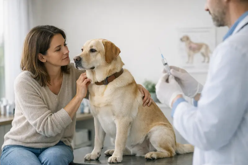 Hund mit Tierarzt bei Vorsorgeuntersuchung Tierarzt gibt einem Hund eine Impfung im Rahmen einer Vorsorgeuntersuchung.