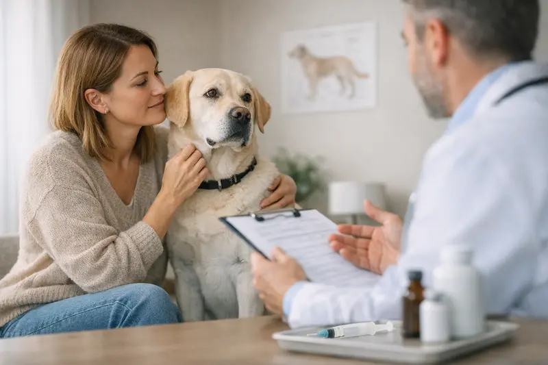 Ein Hund beim Tierarzt, der eine Impfung erhält, um die Bedeutung von Vorsorgeleistungen in der Hundekrankenversicherung zu verdeutlichen.
