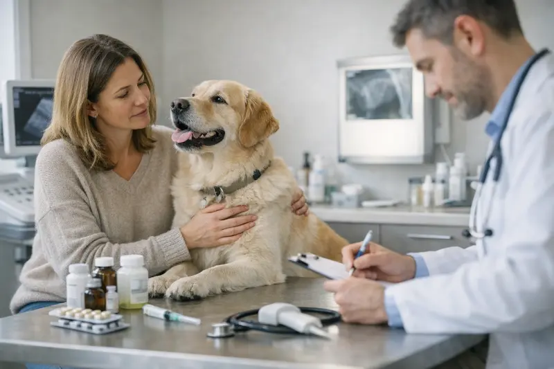 Ein Hund erhält vom Tierarzt eine Behandlung samt Medikamenten.