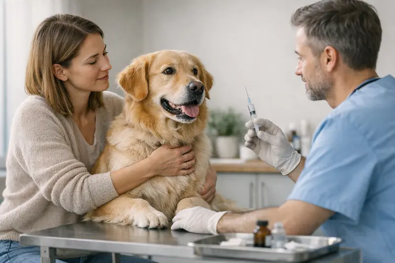 Tierarztimpfung bei Hund Tierarzt untersucht einen Hund während der Impfungsprozedur im Rahmen einer Hundekrankenversicherung.