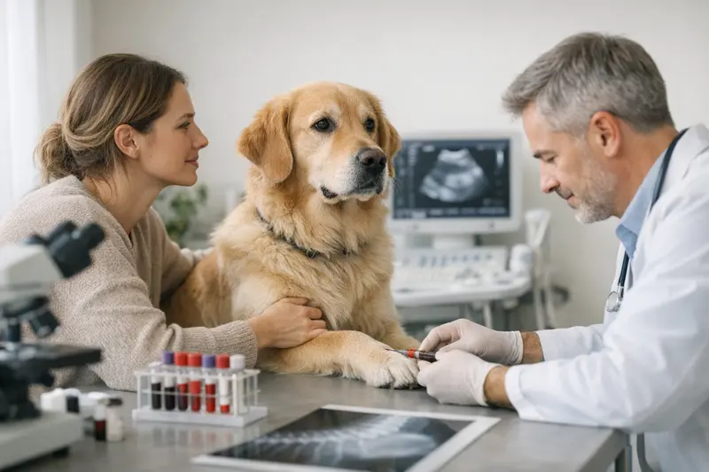 Hundekrankenversicherung und diagnostische Leistungen Ein Tierarzt führt eine Blutuntersuchung bei einem Hund durch.