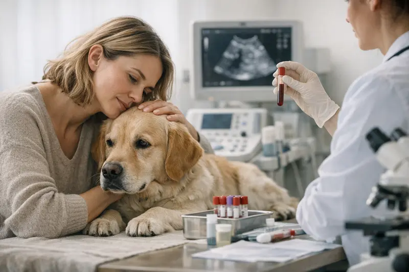 Hund und Tierarzt bei Blutuntersuchung Tierarzt untersucht einen Hund mithilfe einer Blutuntersuchung, um diagnostische Ergebnisse zu erhalten.