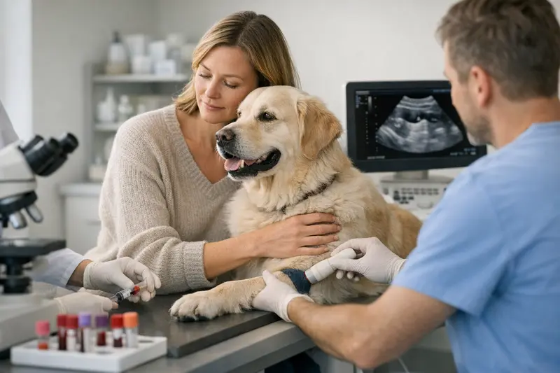 Hund mit Gesundheitsuntersuchung Eine Tierärztin führt eine Blutuntersuchung an einem Hund durch, um gesundheitliche Probleme zu diagnostizieren.