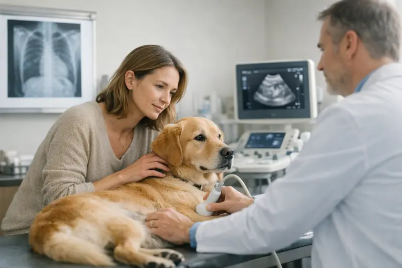 Hund bei Tierarztuntersuchung Ein Hund wird beim Tierarzt untersucht, um festzustellen, ob eine Röntgen- oder Ultraschalluntersuchung notwendig ist.