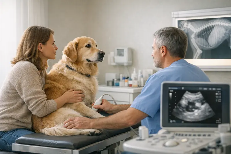 Ein Hund wird von einem Tierarzt beim Röntgen untersucht, was die Bedeutung von Diagnostik in der Hundekrankenversicherung unterstreicht.