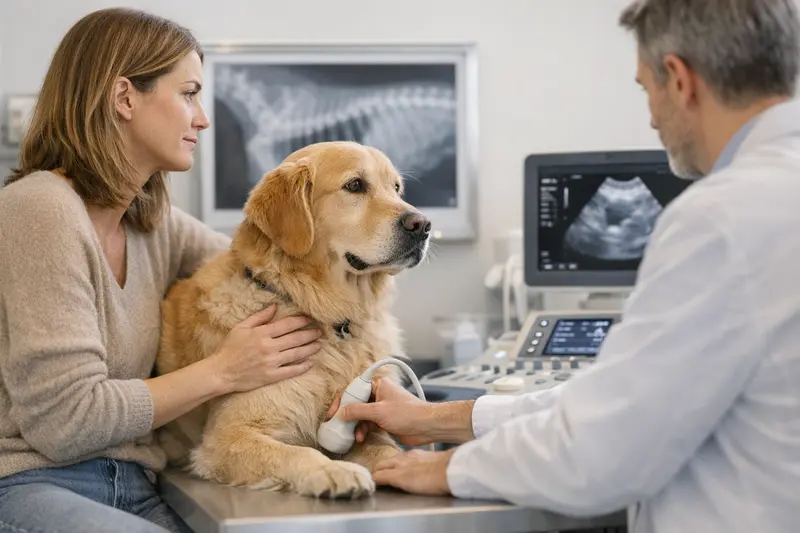Hund beim Tierarzt während einer Röntgenuntersuchung Ein Hund beim Tierarzt, der eine Röntgenuntersuchung durchführt.