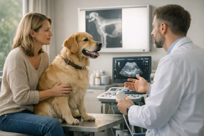 Ein Hund wird von einem Tierarzt untersucht, während eine Röntgenaufnahme im Hintergrund zu sehen ist.