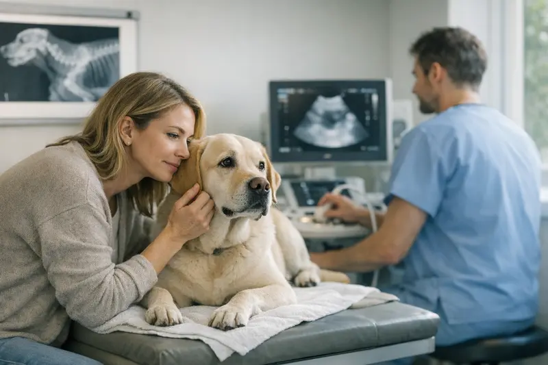 Röntgenuntersuchung Hund Tierarzt Ein Hund wird beim Tierarzt röntgenologisch untersucht, um mögliche gesundheitliche Probleme zu diagnostizieren.