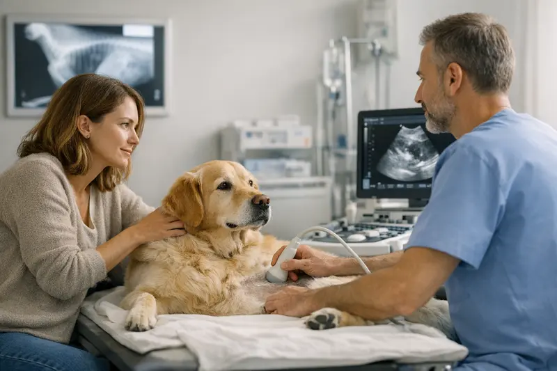 Diagnosetools in der Hundekrankenversicherung Ein Tierarzt untersucht einen Hund mit modernen Diagnosetools wie Röntgen und Ultraschall.