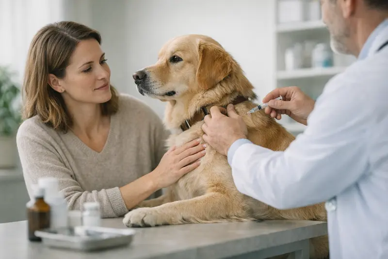 Ein glücklicher Hund beim Tierarzt für Impfungen, symbolisiert die Bedeutung der Vorsorge.