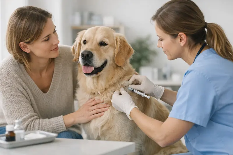 Ein Hundebesitzer zeigt eine Tierarztrechnung für Impfungen und bespricht die Kosten mit einem Tierarzt.