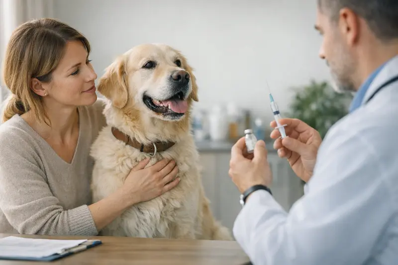 Hund mit Tierarzt - Impfungsberatung Ein Hund mit einem Tierarzt, der Impfungen bespricht