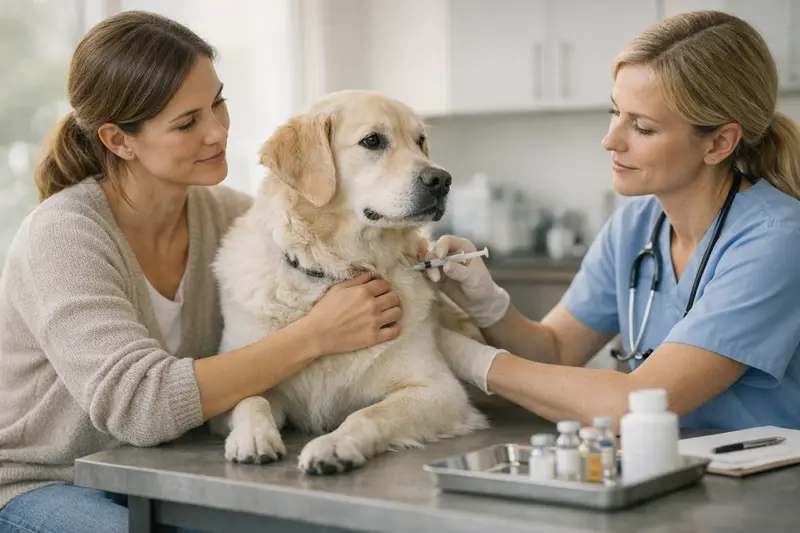 Hundekrankenversicherung und Impfungen Ein Hundebesitzer beim Tierarzt, der über Impfungen und Vorsorgeleistungen für seinen Hund informiert wird.