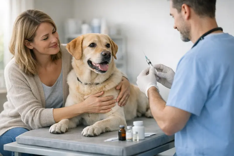 Hund und Tierarztkosten für Impfungen Ein Hundebesitzer informiert sich über die Hundeimpfungskosten bei der Tierarztpraxis.