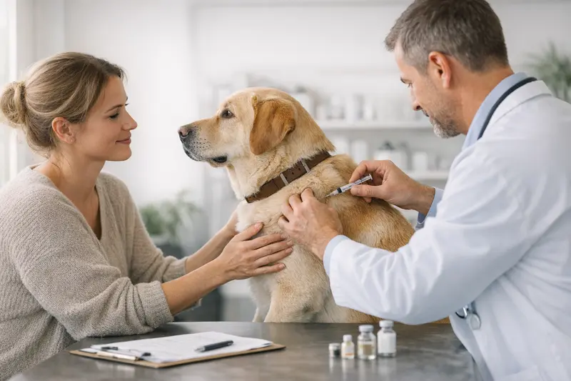 Impfung Hund Tierarzt Hund erhält eine Impfung beim Tierarzt, um gesund zu bleiben.