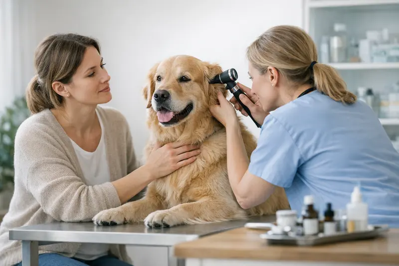 Vorsorgeuntersuchung Hund Tierarzt Ein Hundebesitzer bringt seinen Hund zu einer Vorsorgeuntersuchung beim Tierarzt.